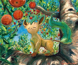 ambiguous_gender apple apple_tree branch eyes_closed feral food fruit fruit_tree fur in_tree leg_markings licking licking_lips markings on_branch paws plant socks_(marking) solo tail tan_body tan_fur tongue tongue_out tree gyuragyura nintendo pokemon eeveelution generation_4_pokemon leafeon pokemon_(species) 2025 signature