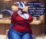 anthro big_breasts blue_body bottomwear breasts cleavage clothed clothing denim denim_bottomwear denim_clothing dialogue female greeting huge_breasts jeans looking_at_viewer mature_anthro mature_female pants solo sweater text topwear white_body thyhsilverfeet nintendo pokemon generation_2_pokemon legendary_pokemon lugia pokemon_(species) absurd_res english_text hi_res