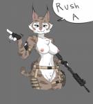 anthro blue_eyes bodily_fluids breasts brown_body brown_fur chest_tuft dialogue female fur genitals gun hk416 military nipples nude pussy ranged_weapon solo spreading tears text tuft weapon white_body white_fur josun zeha felid feline lynx mammal digital_media_(artwork) english_text hi_res