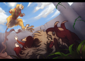 ambiguous_gender black_bars clothed clothing day detailed_background duo feral fur grass horn outside plant red_body red_fur sky smile sun teeth white_body white_fur yellow_body yellow_fur grypwolf xeebee kukuri 2017 digital_drawing_(artwork) digital_media_(artwork) letterbox