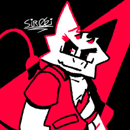 anthro bottomwear clothing eyebrows grin hard_shadows horn jacket male pants prehensile_tail scar short_male simple_coloring small_body smile solo tail thick_eyebrows topwear sirozinn sungo lushu mammal 1:1 black_and_white_and_red hi_res restricted_palette