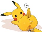 anthro anus balls feral foreskin genitals legs_up lying male on_back penis presenting presenting_anus question_mark simple_background small_balls small_penis solo thick_thighs white_background wide_hips dntks_4320 nintendo pokemon generation_1_pokemon pikachu pokemon_(species) censored