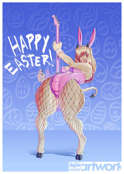 abstract_background action_pose anthro border breasts bunny_costume clothing costume ear_piercing electric_guitar fake_ears fake_rabbit_ears female female_anthro fishnet_clothing fishnet_legwear guitar hair hair_over_eye highlights_(coloring) holidays hooves horn humanoid_hands legwear leotard long_ears long_hair looking_at_viewer musical_instrument nipple_outline piercing pink_clothing pink_leotard plucked_string_instrument pose shadow solo string_instrument tail teats text thick_thighs tight_clothing udders unguligrade white_border wide_hips g0ni25 easter sable_(g0ni25) bovid bovine cattle mammal 2026 absurd_res colored english_text hi_res signature