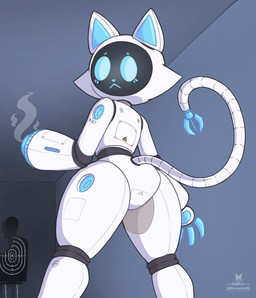 4_fingers :< anthro anthrofied arm_cannon arm_tattoo black_face blue_eyes blue_fingers blue_inner_ear blue_mouth blue_nose blue_pawpads cheek_tuft claws club_arms electricity_symbol facial_tuft featureless_butt female fingers floating_fingers for_a_head futuristic_gun inside left-handed logo looking_at_viewer looking_back looking_back_at_viewer low-angle_view machine pawpads raised_tail robot_joints screen screen_face segmented_body segmented_tail shooting_range smoke smoking_gun solo tail tail_claws target target_practice tattoo thick_thighs tuft warning_symbol white_body wide_hips razgrizdl pudu_robotics ka-t bellabot domestic_cat felid feline felis mammal object_head robot robot_anthro screen_head artist_logo cel_shading hi_res portrait shaded three-quarter_portrait