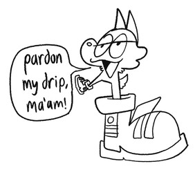 ambiguous_gender anthro armless big_shoes clothing dialogue footwear footwear_only lidded_eyes mostly_nude shoes shoes_only simple_background solo speech_bubble tail text white_background aimkid canid fella_(aimkid) mammal english_text monochrome