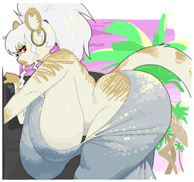 anthro breasts clothed clothing dress gynomorph intersex side_boob skimpy slightly_chubby solo realius anastasya hyena mammal striped_hyena hi_res