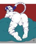 5_toes adolescent anus backsack balls blue_hair feet fur furniture genitals green_eyes hair male nude sofa solo spread_legs spreading stripes toes white_body white_fur young hunterramirez tom_(hunterramirez) felid mammal pantherine tiger hi_res