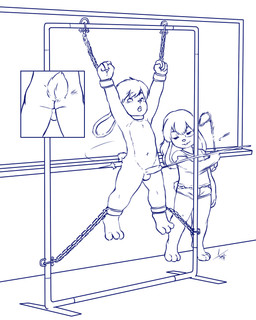 ambiguous_gender anthro anthro_on_anthro arms_tied backsack balls bdsm blush bodily_fluids bottomwear bound buckteeth butt butt_slap chain chained chalkboard chest_tuft clothed clothing cum cum_from_spanking cumshot cutaway digitigrade duo ejaculation erection eye_markings eye_roll floppy_ears genital_fluids genitals hair humanoid_genitalia humanoid_penis legs_tied looking_pleasured male male_anthro markings motion_blur navel nude_male open_mouth orgasm orgasm_face penis riding_crop scut_tail shirt short_tail shorts simple_background slap spank_marks spanking spread_eagle standing suspension tail teeth topwear tuft whip white_background young young_anthro young_male young_on_young aogami lagomorph leporid mammal rabbit 2019 digital_drawing_(artwork) digital_media_(artwork) hi_res line_art monochrome signature