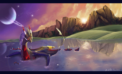 ambiguous_gender detailed_background feral hair horn membrane_(anatomy) membranous_wings outside planet sky solo sun tail twilight water white_hair wings katerezonate mythology dragon mythological_creature mythological_scalie scalie absurd_res hi_res