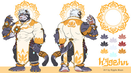 anklet anthro barefoot beard biceps black_beard black_facial_hair black_striped_fur black_striped_tail black_stripes claws clock clothed clothed_anthro clothed_male clothing facial_hair feet front_view fur gold_(metal) gold_jewelry golden_claws hair halo jewelry looking_aside male pawpads paws pecs purple_body purple_fur rear_view robe short_hair simple_background snout solo standing stripes tail triangle_nose watch white_background white_hair yellow_claws yellow_facial_markings ripple_moon kygehn felid mammal pantherine tiger absurd_res flat_colors full-length_portrait hi_res model_sheet portrait