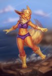 anthro anthrofied clothed clothing cloud day detailed_background eyes_closed female fur light midriff navel open_mouth open_smile orange_body orange_fur outside pokemorph smile solo swimwear water milkwyvern nintendo pokemon eeveelution flareon generation_1_pokemon pokemon_(species) 2021 lighting shaded signature