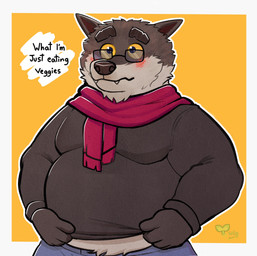 anthro belly blush bottomwear cheek_tuft chin_tuft clothed clothed_anthro clothed_male clothing cute_fangs eyebrows eyewear facial_tuft fangs fully_clothed fur fuzzy glasses glistening glistening_eyes gloves grey_body grey_fur handwear head_tuft male overweight overweight_anthro overweight_male pants red_scarf round_eyes scarf shirt solo standing teeth text thick_eyebrows topwear tuft wearing_glasses yellow_eyes twig_meraki intermarche_unloved albert_(intermache_unloved) canid canine canis mammal wolf 2025 absurd_res colored english_text hi_res signature