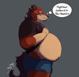 anthro belly belly_hair big_belly black_clothing black_facial_hair black_goatee black_shirt black_topwear bloated blue_clothing blue_underwear bodily_fluids body_hair clothing facial_hair fur goatee grey_background male overweight overweight_anthro overweight_male red_body red_fur shirt simple_background solo standing sweat sweatdrop tail tail_motion tailwag text topwear underwear weight_gain yellow_eyes longleynus echo_(game) echo_(series) echo_project leo_alvarez canid canine canis mammal red_wolf wolf absurd_res english_text hi_res
