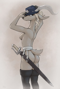 anthro biped blue_eyes breasts brown_body brown_fur brown_tail butt clothed clothed_anthro clothed_female clothing female fingers footwear fur gloves hair handwear hat headgear headwear looking_at_viewer looking_back looking_back_at_viewer melee_weapon pantsless pantsless_anthro pantsless_female partially_clothed partially_clothed_anthro partially_clothed_female rear_view shoes simple_background solo standing sword tail topless topless_anthro topless_female weapon white_hair s1m tinderkell iplyn_delaford deer mammal 2025 digital_drawing_(artwork) digital_media_(artwork) hi_res