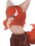 3_fingers anthro bangs black_lips black_nose bottomwear clothed clothing eyelashes female female_anthro fingers fluffy fluffy_tail fur hair kemono lips long_hair looking_at_viewer multicolored_hair one_eye_obstructed open_mouth pants pupils red_eyes red_hair red_tail red_tongue solo standing tail tan_body tan_ears tan_fur tongue topless two_tone_hair white_hair hasukii mal_(hasukii) canid canine mammal 3:4