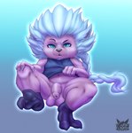 4_fingers anthro ball_tuft balls big_hair clothing fingers flaccid footwear foreskin genitals green_eyes hair looking_at_viewer male nipples penis shirt sitting socks solo topwear tuft white_hair fennephilim_fox league_of_legends riot_games tencent kennen_(lol) yordle hi_res