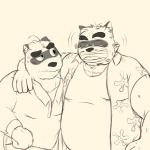 aged_up anthro belly clothing duo eyes_closed eyewear glasses humanoid_hands male overweight overweight_male shirt simple_background teeth topwear dolphinsareevil samedydelphy morenatsu kounosuke_(morenatsu) yukiharu_kuri canid canine mammal raccoon_dog tanuki 1:1 2019 brother_(lore) brothers_(lore) sibling_(lore)