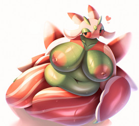anthro areola bedroom_eyes big_breasts bodily_fluids breasts female female_anthro front_view glistening glistening_body heart_symbol lying narrowed_eyes navel nipples overweight overweight_anthro overweight_female pink_areola pink_nipples seductive simple_background slightly_chubby solo sweat sweatdrop thick_thighs parassite nintendo pokemon generation_7_pokemon lurantis pokemon_(species) absurd_res hi_res