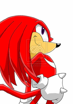 anthro big_eyes big_head black_nose clothing dreadlocks fur hair hand_on_hip handwear looking_aside looking_at_viewer male mittens mostly_nude purple_eyes red_body red_fur red_hair side_view simple_background smile solo tail toony white_background krystal-the-wolf sega sonic_the_hedgehog_(series) knuckles_the_echidna echidna mammal monotreme cel_shading shaded watermark