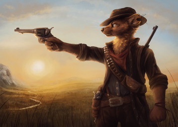 ammo_belt anthro bandolier belt brown_body brown_fur clothed clothing cloud coat detailed_background fluffy fully_clothed fur grass gun handgun hat headgear headwear holding_gun holding_object holding_ranged_weapon holding_weapon holster inner_ear_fluff kerchief male neckerchief neckwear notched_ear outside plant ranged_weapon revolver sky solo standing sun topwear tuft weapon western whiskers wild_west kebi kebi_(character) gulonine mammal marten mustelid musteline pine_marten 2020 detailed