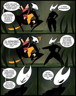 anthro biped black_body black_eyes breasts cross-popping_vein detailed_background dialogue duo female female/female fingers grass hollow_eyes non-mammal_breasts nude nude_female plant question_mark speech_bubble standing text thick_thighs white_body wide_hips idolomantises hollow_knight:_silksong hollow_knight_(franchise) team_cherry hornet_(hollow_knight) shakra_(hollow_knight:_silksong) arthropod 2025 4:5 absurd_res comic english_text hi_res