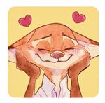 anthro blush border clothed clothing eyes_closed fur heart_symbol orange_body orange_fur simple_background solo white_border yellow_background strawberry628_(artist) disney zootopia nick_wilde canid canine fox mammal red_fox true_fox painting_(artwork) traditional_media_(artwork) watercolor_(artwork)