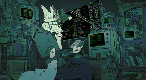 anthro biped clothed clothing cybernetics cyberpunk detailed_background fur green_eyes horn inside machine male sitting solo technology text white_body white_fur jeanwoof mishcat mammal 2018 absurd_res digital_media_(artwork) english_text hi_res