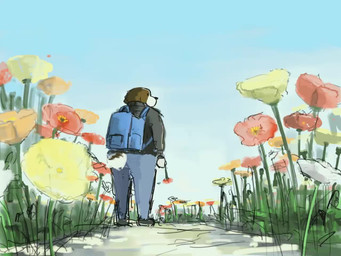 anthro backpack bottomwear brown_body brown_fur clothed clothing detailed_background flower fully_clothed fur kemono male outside pants petals plant poppy_(flower) shirt sky slightly_chubby solo tail topwear white_body white_fur wind michimuchimuchi canid canine canis domestic_dog mammal 2020 4:3 animated no_sound short_playtime video