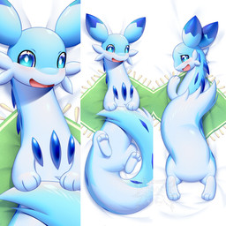 3_toes ambiguous_gender back_spikes bed bedding bedding_background blue_body blue_eyes blue_fur blue_markings blue_spikes blush butt cheek_tuft dakimakura dipstick_ears ear_markings facial_tuft featureless_crotch feet feral fur furniture happy high-angle_view logo long_body looking_at_viewer looking_back looking_back_at_viewer lying markings multicolored_body multicolored_ears multicolored_fur on_back on_bed on_front open_mouth paws presenting presenting_hindquarters raised_tail smile solo spikes spikes_(anatomy) tail toes tongue tuft two_tone_body two_tone_fur daimonkisora palworld pocketpair chillet mammal mustelid pal_(species) 1:1 2024 artist_logo dakimakura_design digital_media_(artwork) shaded