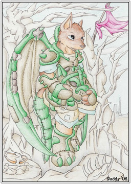 anthro armor bone clothed clothing costume d-ring dragon_wings flag furry_wearing_fursuit fursuit gloves handwear headgear helmet male outside patch_(fabric) plant rock solo spikes stitch_(sewing) tail tree wings paddywoof_(artist) 2006 colored_pencil_(artwork) signature traditional_media_(artwork)