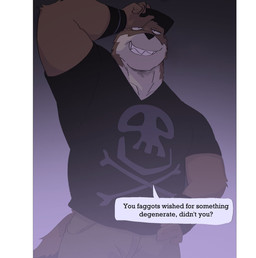 anthro clothed clothed_anthro clothed_male clothing dialogue fully_clothed fully_clothed_anthro fully_clothed_male hat headgear headwear homophobic_slur male muscular night overweight overweight_anthro overweight_male resurrection simple_background skull_and_crossbones slur smile solo speech_bubble text phwog echo_(game) echo_(series) echo_project sydney_bronson lontra mammal mustelid north_american_river_otter otter river_otter comic digital_drawing_(artwork) digital_media_(artwork) english_text hi_res