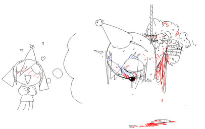 :d anthro ball_gag bdsm blood bodily_fluids bondage bound clothing eyes_closed fantasizing female floppy_ears gag gagged gore hat headgear headwear open_mouth open_smile party_hat restraints rope rope_bondage rope_harness scut_tail short_tail simple_background smile solo speech_bubble suspension tail white_background bravobunny bravo_(bravobunny) lagomorph leporid mammal rabbit