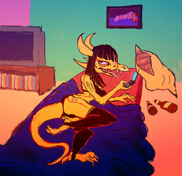 3_toes alcohol anthro bed beer beverage bookshelf bottle bra breasts cellphone clothing container dildo electronics feet female flip_phone furniture hair horn leggings legwear long_hair long_tail looking_at_viewer lying lying_on_bed non-mammal_breasts on_bed open_mouth orange_body orange_scales painting_(object) phone pillow pink_eyes scales sex_toy simple_background soda solo spikes spikes_(anatomy) tail tattoo television toes tongue tongue_out underwear bittertooth mythology dragon mythological_creature mythological_scalie scalie 2015