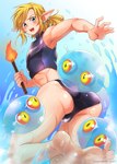 blonde_hair blue_eyes bulge butt clothed clothing feet group hair holding_object holding_torch humanoid_feet humanoid_pointy_ears male not_furry plantigrade pointy_ears speedo swimwear torch torajimaneko nintendo the_legend_of_zelda link chuchu goo_creature humanoid hylian 2017