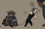 5_fingers alternate_species anthro biped bottle claws clothed clothing container fingers furrification group hat headgear headwear male open_mouth tail trio abovesn4kes red_dead_(series) rockstar_games orville_swanson uncle_(red_dead) american_opossum mammal marsupial procyonid raccoon 2024