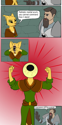 1_eye angry anthro armor beard brown_hair clothed clothing dialogue duo facial_hair female hair knight male sad scared teeth text transformation warrior zargothrax microsoft prequel_adventure the_elder_scrolls katia_managan cyclops felid human khajiit mammal comic english_text hi_res