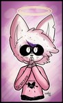 ambiguous_gender anthro black_border black_sclera border claws clothing finger_claws fur hair halo heart_symbol pink_background pink_clothing simple_background solo white_body white_fur white_hair disastercat nick_(disastercat) domestic_cat felid feline felis mammal digital_media_(artwork) male_(lore)