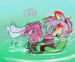 anthro blush bodily_fluids clothed clothing ejaculation female fully_clothed genital_fluids gloves green_eyes handwear masturbation masturbation_through_clothing pussy_ejaculation solo sweat text vaginal_fluids water kitsu_(artist) sega sonic_riders sonic_the_hedgehog_(series) amy_rose eulipotyphlan hedgehog mammal 2021 english_text hi_res