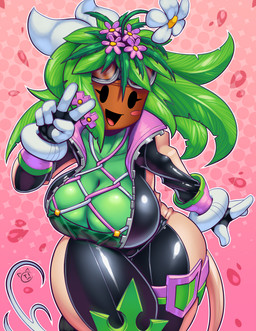 accessory big_breasts biped blush breasts cleavage clothed clothing eyewear female flower flower_(anatomy) food fruit gesture goggles hair_accessory hand_gesture head_flower huge_breasts leaf leaf_hair melon not_furry plant plant_hair pseudo_hair solo thick_thighs v_sign watermelon wide_hips conditional_dnp teckworks blaster_master kanna_(blaster_master) elemental_creature elemental_humanoid flora_fauna humanoid plant_humanoid 2019
