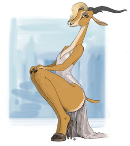 anthro blonde_hair clothed clothing crouching dress female footwear hair high_heels horn long_neck shoes simple_background solo ibreatheoxygen16 disney zootopia gazelle_(zootopia) antelope bovid gazelle mammal 2026 hi_res