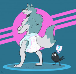 ambiguous_gender anthro big_diaper black_body black_collar black_feathers black_nose black_tail black_tail_feathers blue_body blue_fur blue_tail blue_tail_tip blush blush_lines chest_tuft clean_diaper clothed clothing collar crossed_arms diaper digitigrade dipstick_tail duo fangs feathers feral fur geometric_background grey_body grey_fur grey_tail logo looking_at_another looking_back looking_back_at_another markings multicolored_body multicolored_fur one_eye_obstructed question_mark simple_background speech_bubble standing tail tail_markings teeth tuft two_tone_body two_tone_fur two_tone_tail wearing_diaper bubblepuppers brand_new_animal studio_trigger kuro_(brand_new_animal) shirou_ogami avian bird canid canine canis corvid corvus_(genus) crow mammal oscine passerine wolf artist_logo hi_res