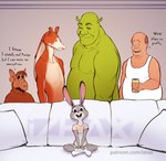 2023 alf alien anthro beverage bill_dauterive buckteeth clothed clothing crossover cursed_image dialogue disney dreamworks english_text female furniture gordon_shumway group gungan hi_res holding_beverage holding_object human humanoid humor inside izra jar_jar_binks judy_hopps king_of_the_hill lagomorph leporid looking_at_viewer male mammal melmacian meme multicolored_body nude ogre on_sofa open_mouth open_smile piper_perri_surrounded purple_eyes rabbit shitpost shrek_(character) shrek_(series) sitting skimpy smile sofa star_wars teeth text two_tone_body url what yellow_sclera zootopia