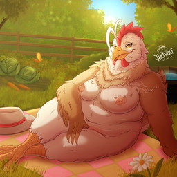 anthro beak bedding belly big_breasts blanket breasts butterfly_(accessory) carrot clothing farm feather_hands feather_tuft feathers female food forest forest_background hat headgear headwear light logo looking_at_viewer nature nature_background nipples nude overweight overweight_anthro overweight_female picnic plant relaxing salad smile solo sunlight text thick_thighs tree tuft vegetable hatwolf avian bird chicken galliform gallus_(genus) phasianid 2025 artist_logo artist_name colored digital_drawing_(artwork) digital_media_(artwork) full-length_portrait hi_res portrait shaded signature