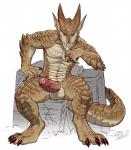 abs anthro balls big_penis biped brown_body brown_scales claws erection foreskin genitals horn looking_at_viewer macro male muscular muscular_anthro muscular_male penis rock scales simple_background sitting solo tail vein rollwulf mythology brutus_(pyronite) dragon mythological_creature mythological_scalie scalie 2017