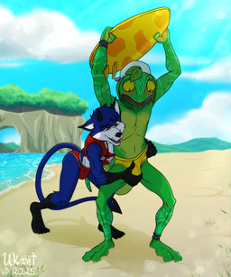 2_toes 5_toes anthro backwards_baseball_cap backwards_hat baseball_cap beach blush bulge bulge_grab clothed clothing duo embarrassed feet fingers fur green_body green_scales hat headgear headwear holding_object holding_surfboard horn lifeguard male male/male open_mouth outside plantigrade red_clothing sand scales seaside sky smile spade_tail speedo speedo_only standing surfboard swimwear tail teeth toes topless topless_anthro topless_male water whistle_(object) yellow_clothing yellow_speedo yellow_swimwear ukent epic_games fortnite numou_the_impfox ziggy_(fortnite) canid canine chameleon fox hybrid imp lizard mammal reptile scalie digital_media_(artwork) hi_res
