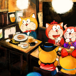 alcohol anthro bar beer bell bent_arm beverage bow_ribbon bow_tie chair clothed clothing collar dorayaki eye_contact front_view fur furniture glass group hat headgear headwear horn inside lights looking_at_another machine male mouth_closed open_mouth orange_body orange_fur plate rear_view red_body red_fur red_nose sitting suit table text tongue whiskers white_body white_fur yellow_body yellow_ears yellow_fur mt_tg doraemon the_doraemons dora_the_kid doraemon_(character) dorami el_matadora wang_dora domestic_cat felid feline felis mammal robot 1:1 2022 japanese_text shaded