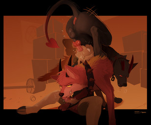 animal_genitalia animal_penis anthro anthro_on_feral anthro_penetrated anus backsack balls bestiality black_body black_fur brown_body brown_fur canine_genitalia canine_penis clothing clothing_pull cloven_hooves collar dominant dominant_feral dominant_male duo erection face_fucking feral feral_penetrating feral_penetrating_anthro foreskin fur genitals group hooves horn humanoid_genitalia humanoid_penis irrumatio knot licking looking_back male male/male male_anthro male_feral male_penetrated male_penetrating male_penetrating_male oral oral_penetration penetration penile penile_penetration penis penis_in_mouth penis_lick quadruped red_body red_fur red_sclera reverse_jackhammer_position sex sheath smile spiked_collar spikes submissive submissive_anthro submissive_male text tongue tongue_out top_hole trio underwear underwear_pull twang mythology glace_(glaceiscoffee) canid canid_demon canine demon hellhound mammal mythological_canine mythological_creature 2026 artist_name colored digital_drawing_(artwork) digital_media_(artwork) hi_res shaded signature