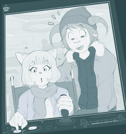 5_fingers anthro arcade arcade_machine beanie blush clothing disability duo female fingers freckles gaming hat headgear headwear hoodie horizontal_pupils horn inner_ear_fluff paraplegic pupils scarf smile topwear tuft vehicle wheelchair young young_anthro young_female bzeh carla_guzman matilde_fuenzalida bovid caprine domestic_cat felid feline felis mammal sheep 2022 hi_res monochrome signature