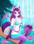 anthro bikini clothing female fur hair purple_body purple_clothing purple_eyes purple_fur purple_hair relaxing solo swimwear two-piece_swimsuit waterfall hummerhere aria_slayre fan_character vibrant galaxy_fox absurd_res hi_res