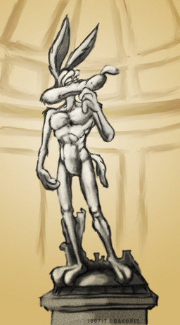 3_toes 4_fingers abs abstract_background anthro arm_tuft athletic athletic_anthro athletic_male belly biped calf_tuft casual_nudity chest_tuft collarbone elbow_tuft featureless_crotch feet fingers half-closed_eyes hand_on_mouth head_tuft hip_tuft humanoid_hands humanoid_heel leg_tuft male muscular muscular_anthro muscular_male narrowed_eyes navel nude paws pecs pedestal plantigrade pose rib_lines ribs sculpture shoulder_tuft sketchy skinny solo standing statue text toe_tuft toes tuft stevethedragon david_(michelangelo) looney_tunes warner_brothers wile_e._coyote canid canine canis coyote mammal 2010 artist_name colored dated detailed digital_drawing_(artwork) digital_media_(artwork) digital_painting_(artwork) hi_res painting_(artwork) pinup shaded sketch